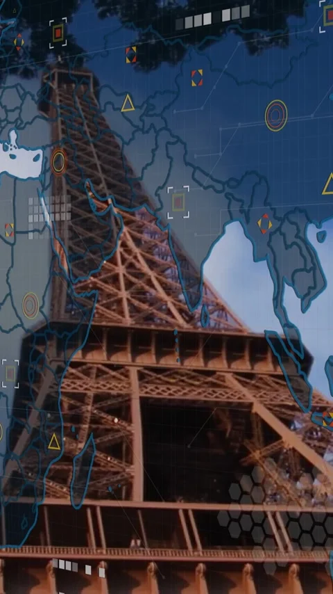 Eiffel Tower with digital world map and data processing animation overlay Stock Footage 344285048