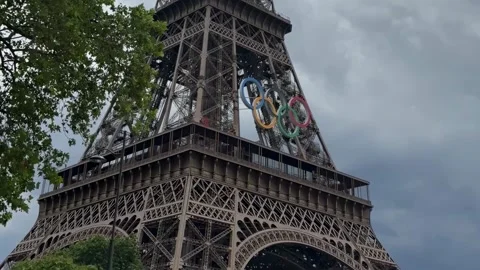 Eiffel Tower Displaying Olympic Rings Paris 2024 4K Stock Footage 315749814