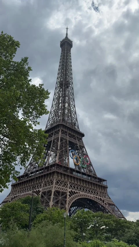 Eiffel Tower Displaying Olympic Rings Paris 2024 4K Stock Footage 315750003