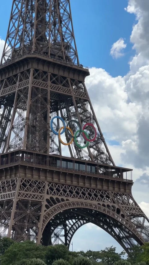 Eiffel Tower Displaying Olympic Rings Paris 2024 4K Stock Footage 315751109