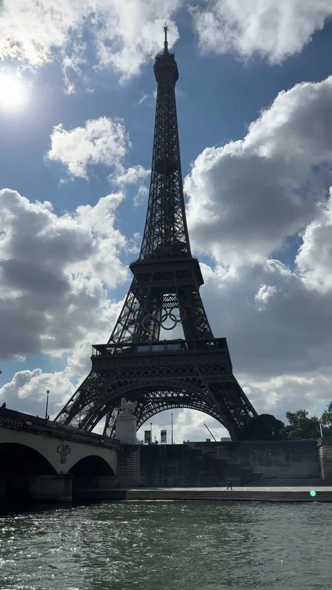 Eiffel Tower Displaying Olympic Rings Paris 2024 4K Stock Footage 315751331