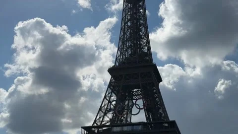 Eiffel Tower Displaying Olympic Rings Paris 2024 4K Stock Footage 315751344