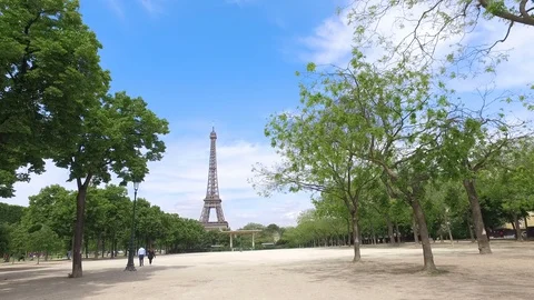 Eiffel Tower during spring time in Paris, France, cinematic steadicam shot Stock Footage 99147980