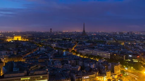 Eiffel Tower, elevated aerial view over rooftops, Paris, France - Time lapse Stock Footage 54131399
