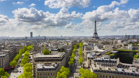 Eiffel Tower, elevated aerial view over rooftops, Paris, France Video stock 63140655