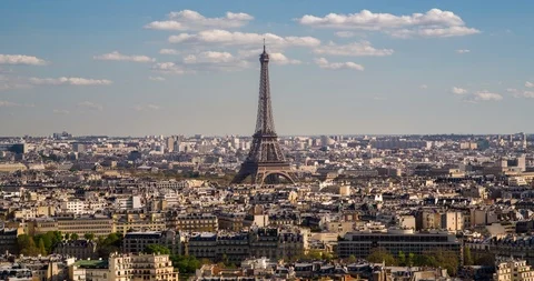 Eiffel Tower, elevated aerial view over rooftops, Paris, France, Europe - Time Stock Footage 106638871