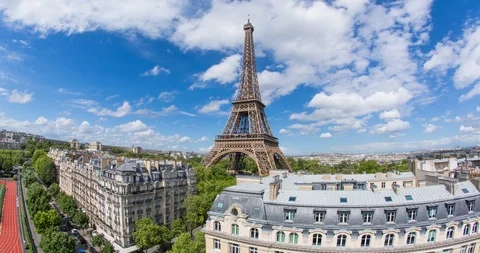 Eiffel Tower, elevated aerial view over rooftops, Paris, France, Europe - Time Stock Footage 106639014