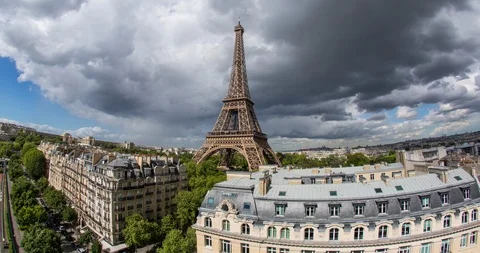 Eiffel Tower, elevated aerial view over rooftops, Paris, France, Europe - Time Stock Footage 106639189