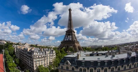 Eiffel Tower, elevated aerial view over rooftops, Paris, France, Europe - Time Stock Footage 106639290