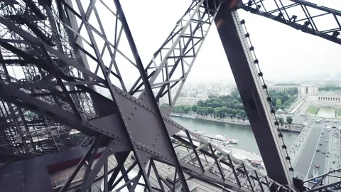 Eiffel Tower elevator, view of Paris from a high viewpoint Stock Footage 145987050