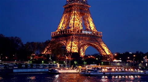 The Eiffel Tower in the evening from the river side in Paris Stock Footage 64071021