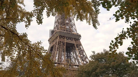 Eiffel Tower on a Fall day surrounded with colored foliage Stock Footage 223663547