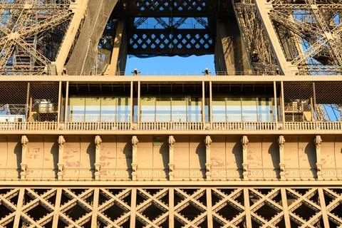 Eiffel Tower first floor facade and glass pavilion Stockfoto's