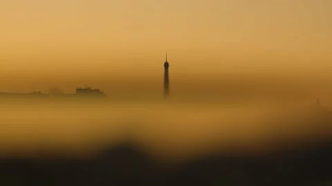 Eiffel tower in the fog at dawn Stock Footage 340201534