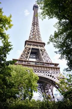 Eiffel Tower framed by green trees on sunny summer day in Paris 스톡 사진