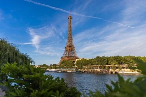 The Eiffel Tower framed by lush green foliage across the Seine River in Paris. Stock Photos