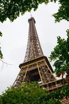 Eiffel tower framed with trees during rainy day 스톡 사진