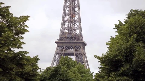 Eiffel Tower in the green of trees Stock Footage 80411393