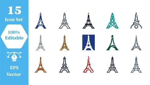 Eiffel tower icon collection vector set with landmark monument illustration Stock Illustration