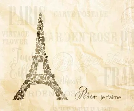 Eiffel tower icon over old paper background. Wedding romantic card. Ilustração Stock