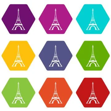 Eiffel tower icon set color hexahedron Illustrazione stock