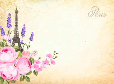 Eiffel tower icon with spring blooming flowers over old paper background Stock Illustration