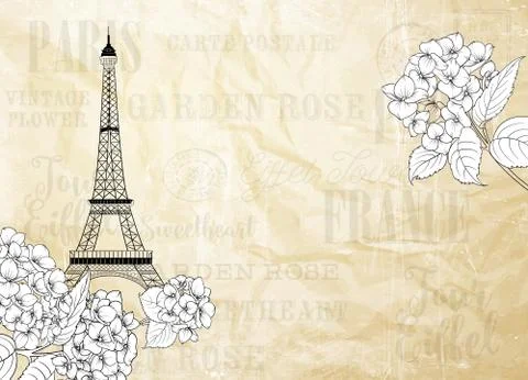 Eiffel tower icon with spring blooming flowers over old paper background with Stock Illustration