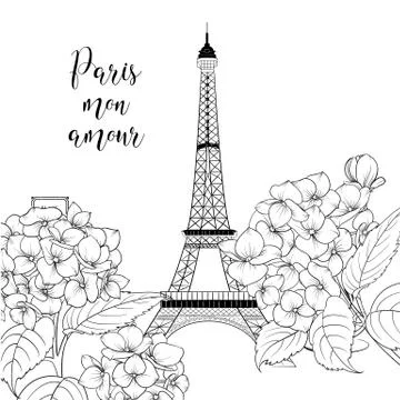Eiffel tower icon with spring blooming flowers over old paper background with Stock Illustration