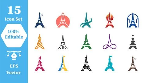 Eiffel tower landmark icon set with landmark architecture monument structure Stock Illustration