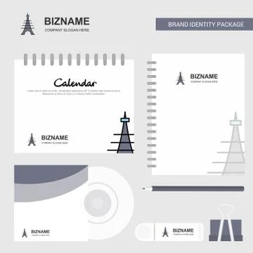 Eiffel tower Logo, Calendar Template, CD Cover, Diary and USB Brand Stationar Illustrazione stock