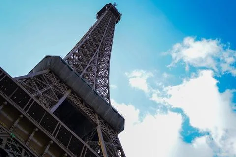 Eiffel Tower in low angle with blue sky 스톡 사진