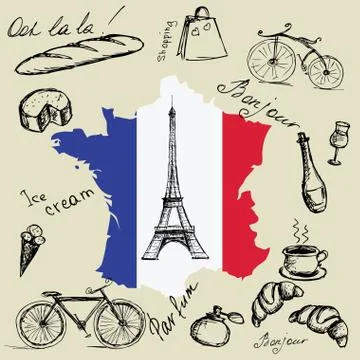 Eiffel tower, map and flag of France and the main symbols of the 스톡 일러스트