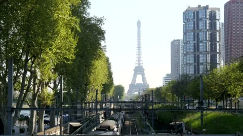 Eiffel Tower with metro rer line and high-rise buildings in Paris Stock Footage 49528801