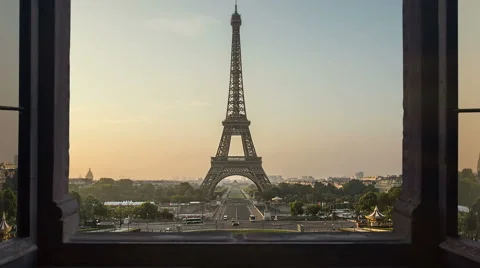 Eiffel tower night to day timelapse  window 4k Vídeo Stock 47878549