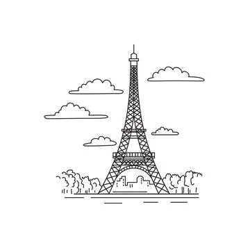 Eiffel Tower or Tour Eiffel on Champ de Mars Paris France Mono Line Art. Illustrazione stock
