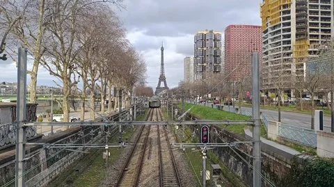 Eiffel Tower over Paris Metro Tracks Stock Footage 303352254