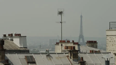 Eiffel Tower over rooftops / Montmartre, Paris, France Stock Footage 38842401