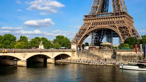 Eiffel Tower Over The Seine River Timelapse/ Pont d'Iéna, Paris, France Stock Footage 155024989