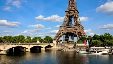 Eiffel Tower Over The Seine River Timelapse / Pont d'Iéna, Paris, France Stock Footage 155025200