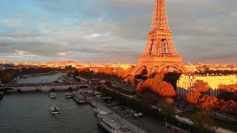 Eiffel Tower Panoramic Aerial Sunset Seine Stock Footage 131222702