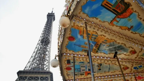 Eiffel Tower Paris and carousel 4k footage Stock Footage 107435420