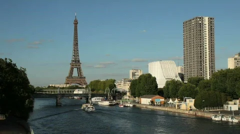 Eiffel Tower in Paris with Boat Stock Footage 537832