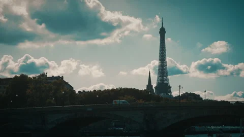 Eiffel tower in paris with cloudy sky Stock Footage 139756885