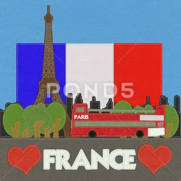 Eiffel tower, paris. france in stitch style on fabric background Stock Illustration