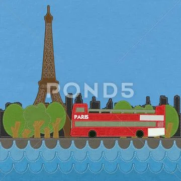 Eiffel tower, paris. france in stitch style on fabric background Stock Illustration