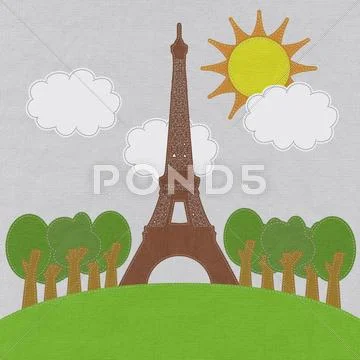 Eiffel tower, paris. france in stitch style on fabric background Stock Illustration