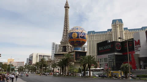 Eiffel Tower Paris Hotel Crowded Las Vegas Strip Boulevard Traffic USA Romantic Video stock 24358694
