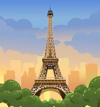 Eiffel Tower in Paris. Sunset on the Champs Elysees. Evening Paris. Stock Illustration