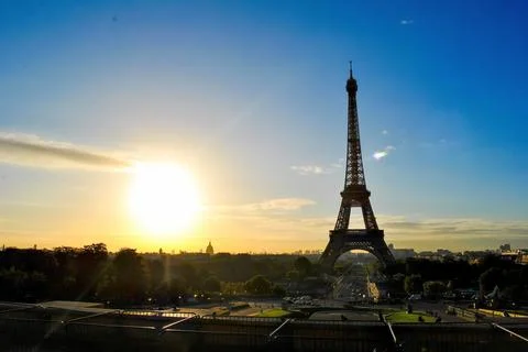 Eiffel Tower in Paris at sunset, view from Trocadro Stock Photos