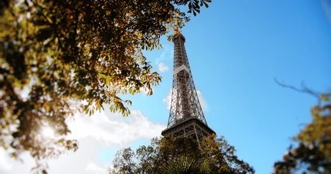 Eiffel tower in Paris through the leaves of trees in sunlight, autumn Video stock 119542871